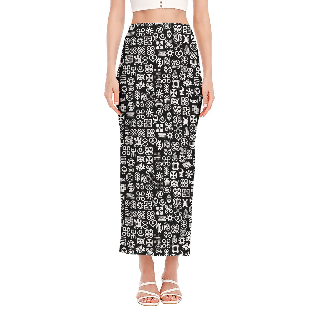 White And Black Adinkra Symbols Print Side Slit Maxi Skirt