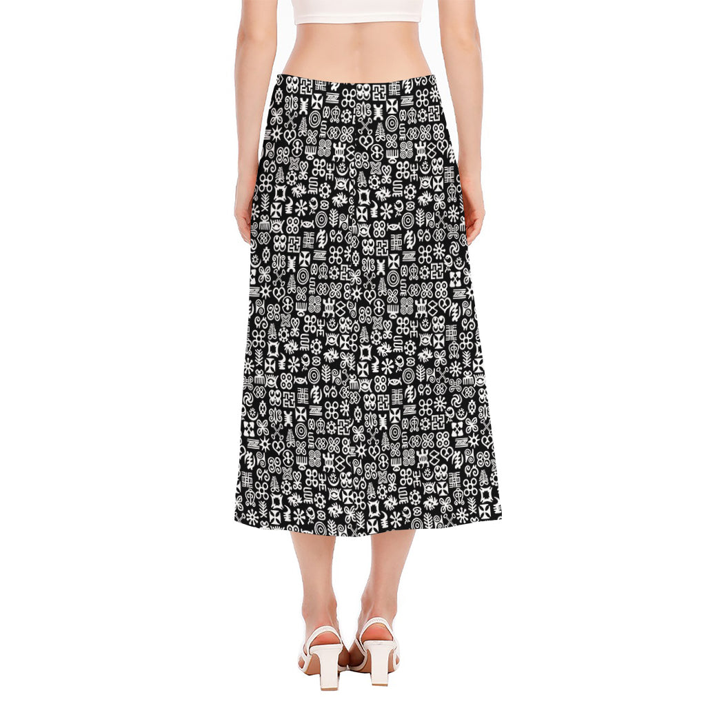 White And Black Adinkra Symbols Print Side Slit Midi Skirt