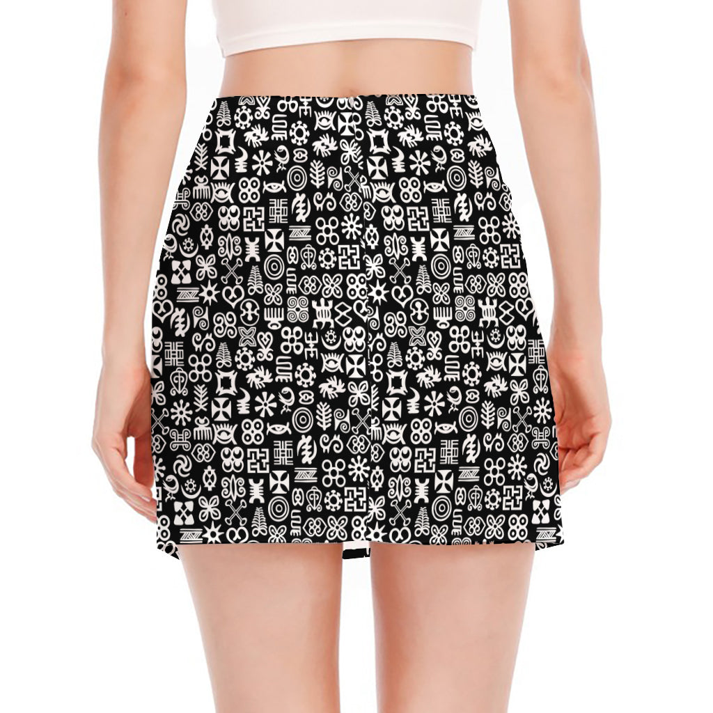 White And Black Adinkra Symbols Print Side Slit Mini Skirt