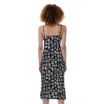 White And Black Adinkra Symbols Print Slim Fit Midi Cami Dress