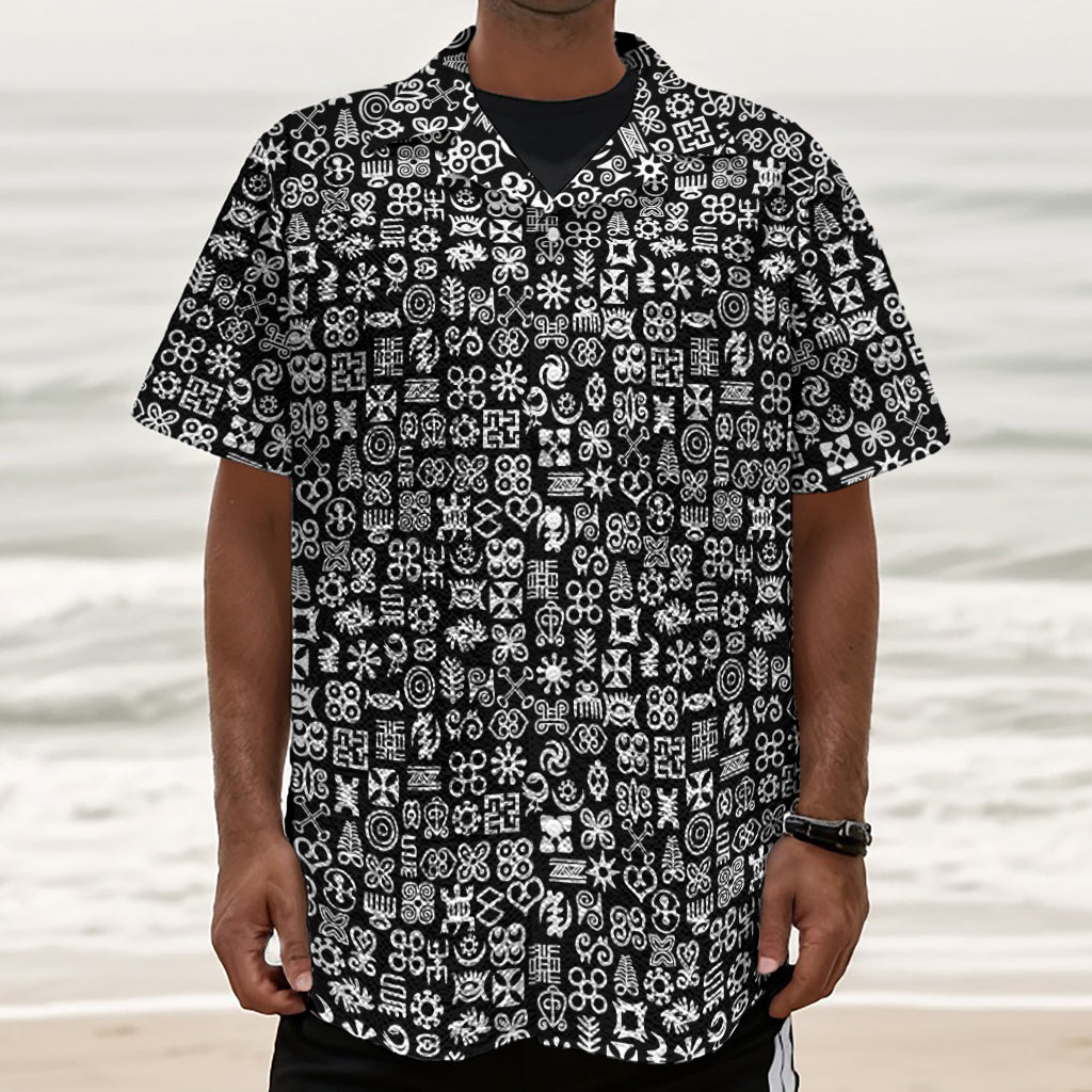 White And Black Adinkra Symbols Print Textured Short Sleeve Shirt