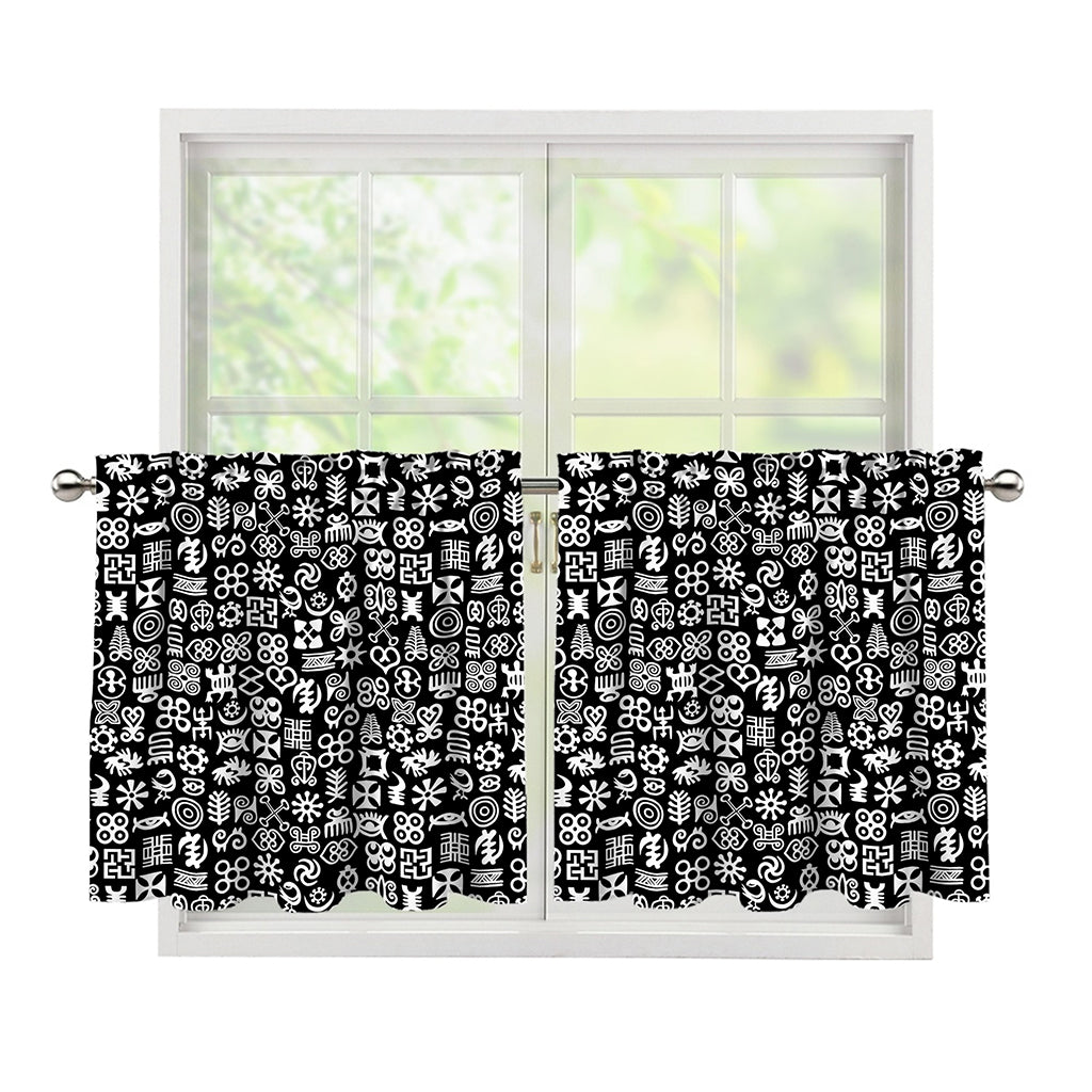 White And Black Adinkra Symbols Print Tier Curtains