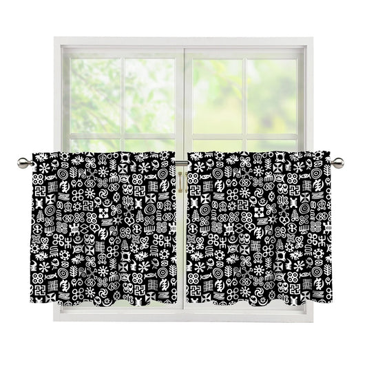 White And Black Adinkra Symbols Print Tier Curtains