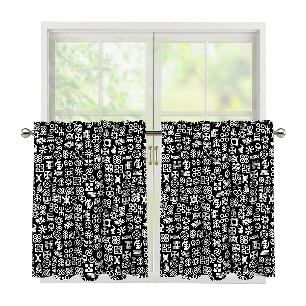 White And Black Adinkra Symbols Print Tier Curtains