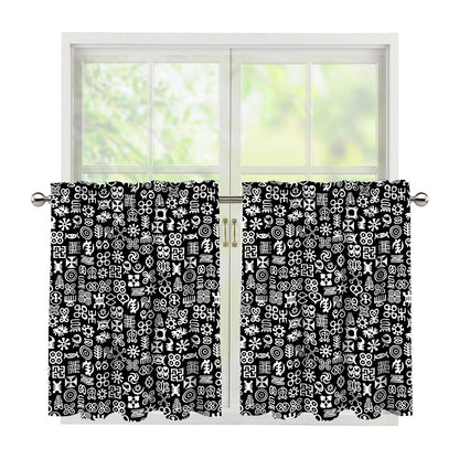 White And Black Adinkra Symbols Print Tier Curtains