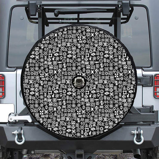 White And Black Adinkra Symbols Print Tire Cover With Camera Hole