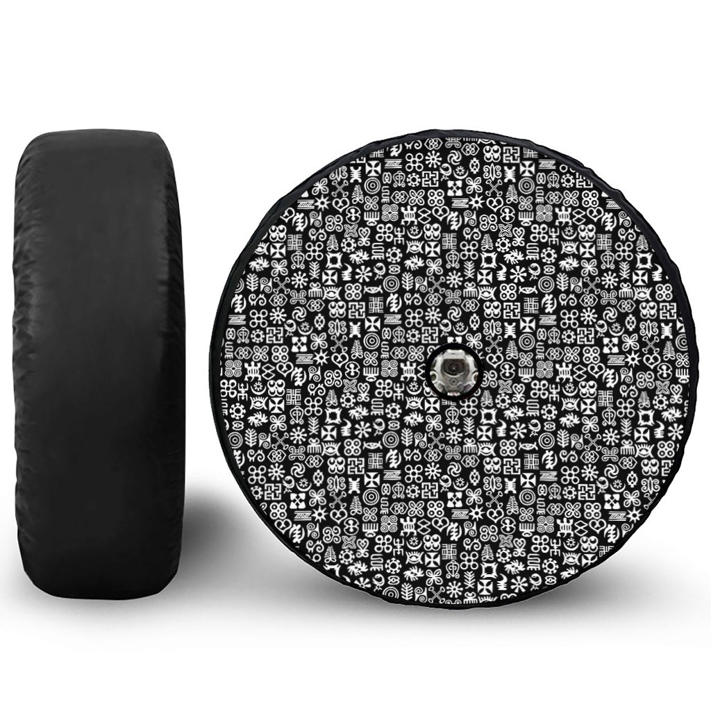 White And Black Adinkra Symbols Print Tire Cover With Camera Hole