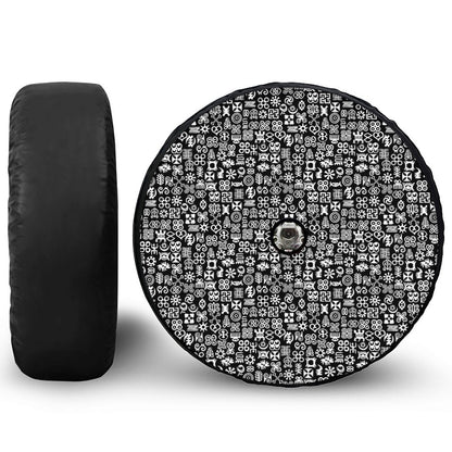 White And Black Adinkra Symbols Print Tire Cover With Camera Hole