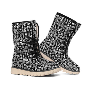 White And Black Adinkra Symbols Print Winter Boots