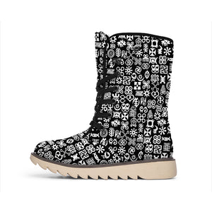 White And Black Adinkra Symbols Print Winter Boots