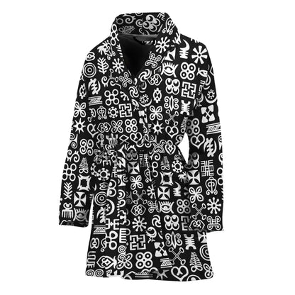 White And Black Adinkra Symbols Print Women's Bathrobe
