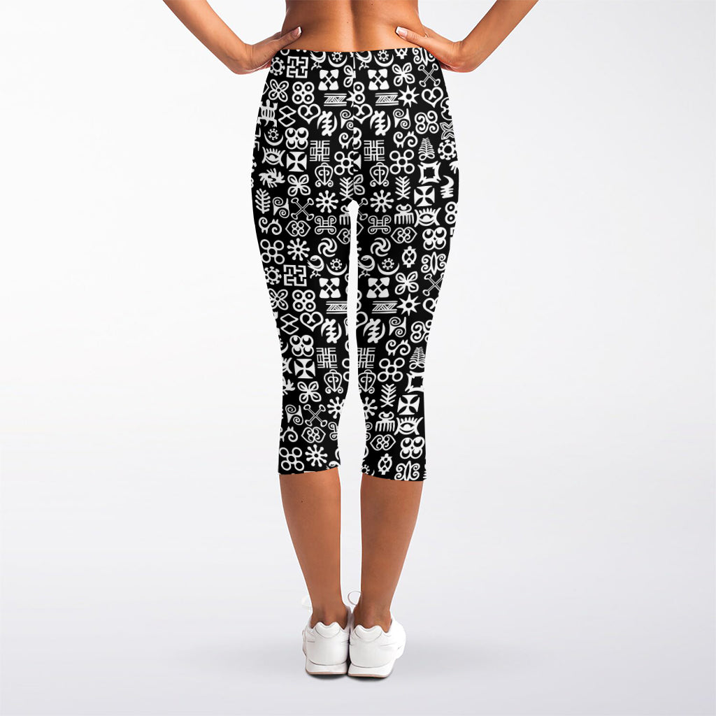 White And Black Adinkra Symbols Print Women's Capri Leggings