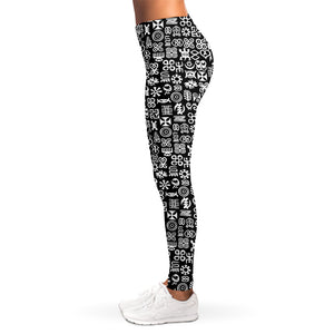 White And Black Adinkra Symbols Print Women's Leggings