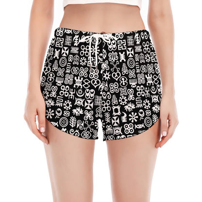 White And Black Adinkra Symbols Print Women's Split Running Shorts