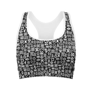 White And Black Adinkra Symbols Print Women's Sports Bra