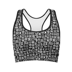 White And Black Adinkra Symbols Print Women's Sports Bra