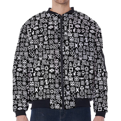 White And Black Adinkra Symbols Print Zip Sleeve Bomber Jacket