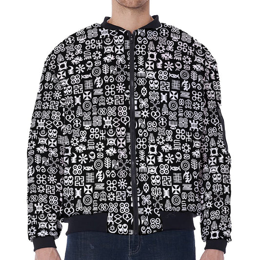 White And Black Adinkra Symbols Print Zip Sleeve Bomber Jacket