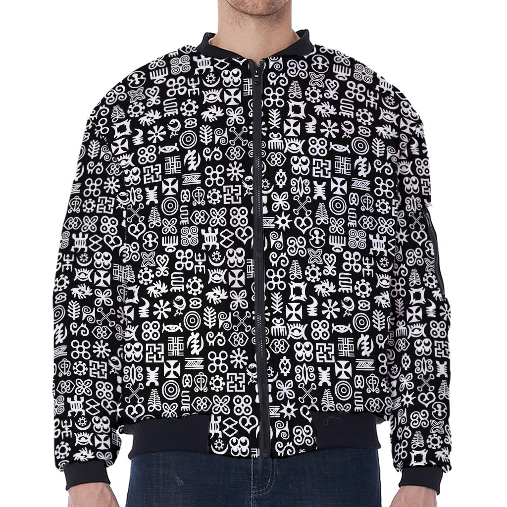 White And Black Adinkra Symbols Print Zip Sleeve Bomber Jacket