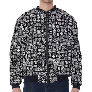 White And Black Adinkra Symbols Print Zip Sleeve Bomber Jacket