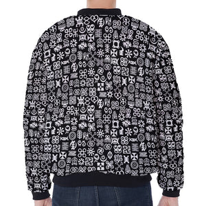 White And Black Adinkra Symbols Print Zip Sleeve Bomber Jacket