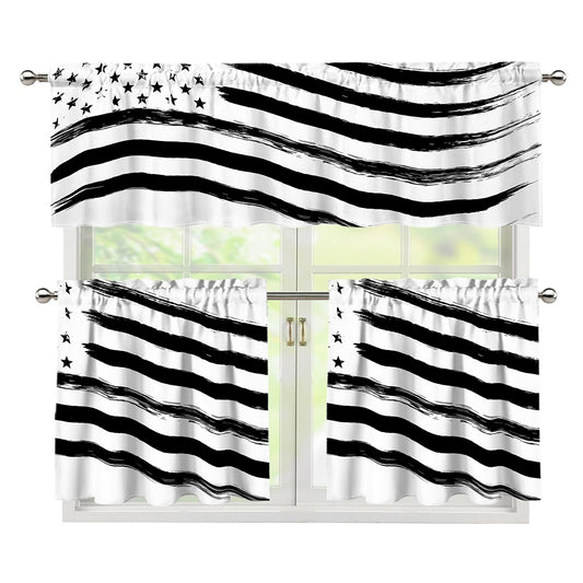 White And Black American Flag Print 3 Piece Kitchen Curtains