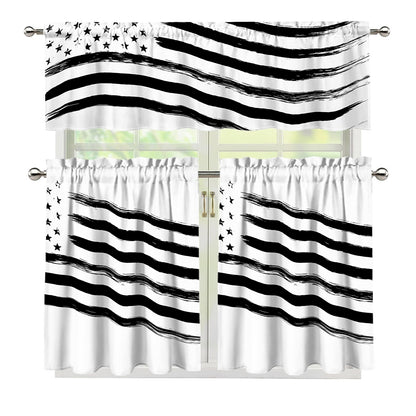 White And Black American Flag Print 3 Piece Kitchen Curtains