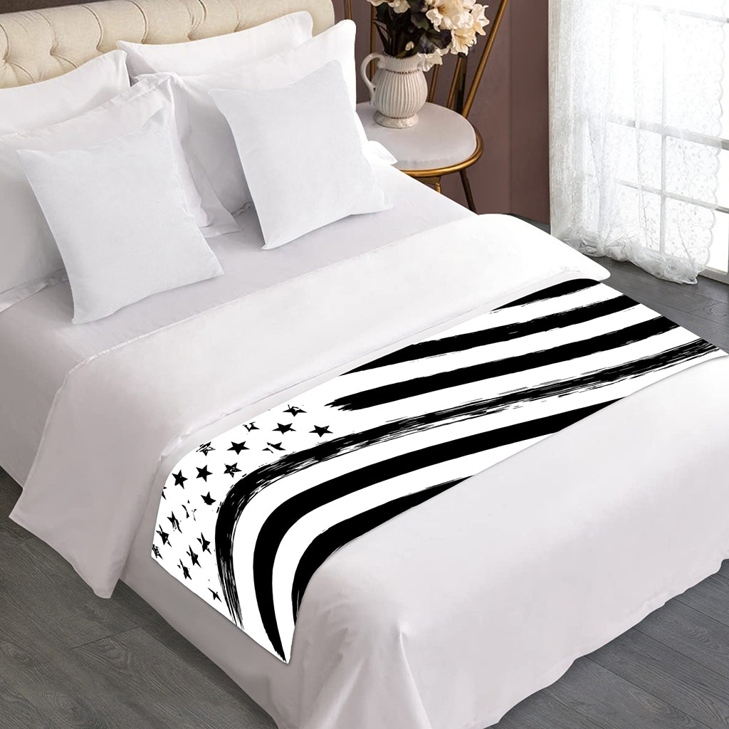 White And Black American Flag Print Bed Runner