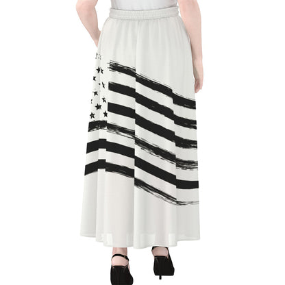 White And Black American Flag Print Chiffon Maxi Skirt