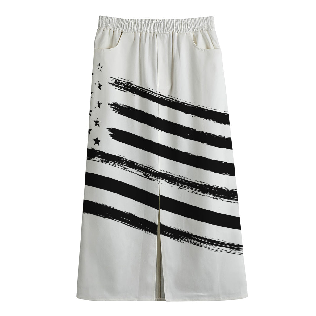 White And Black American Flag Print Cotton Front Slit Maxi Skirt