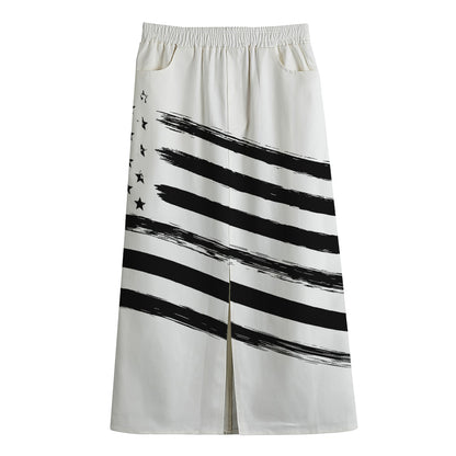 White And Black American Flag Print Cotton Front Slit Maxi Skirt