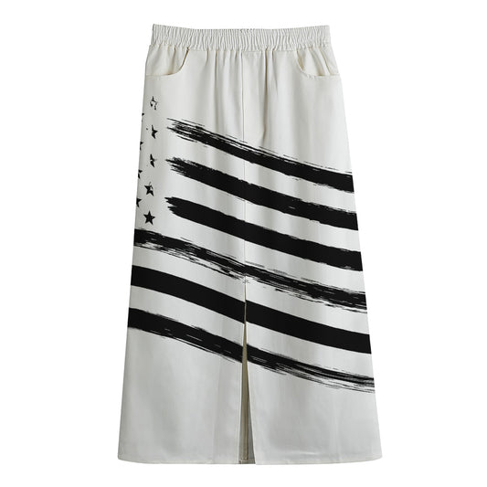 White And Black American Flag Print Cotton Front Slit Maxi Skirt