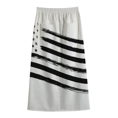 White And Black American Flag Print Cotton Front Slit Maxi Skirt