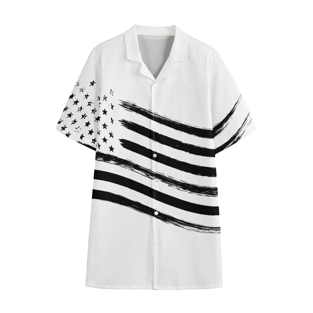 White And Black American Flag Print Cotton Hawaiian Shirt