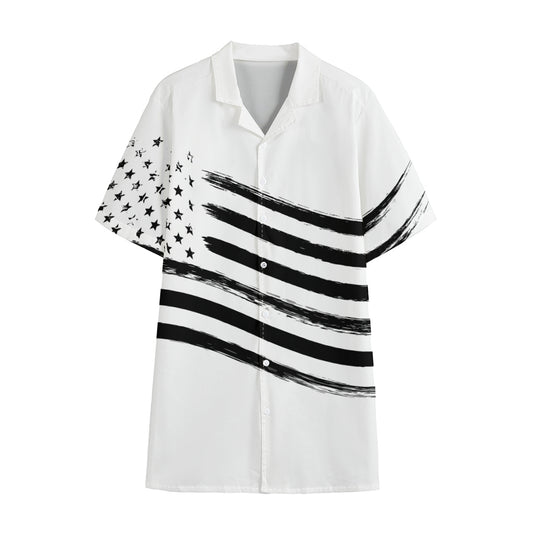 White And Black American Flag Print Cotton Hawaiian Shirt