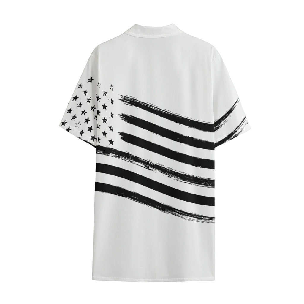 White And Black American Flag Print Cotton Hawaiian Shirt