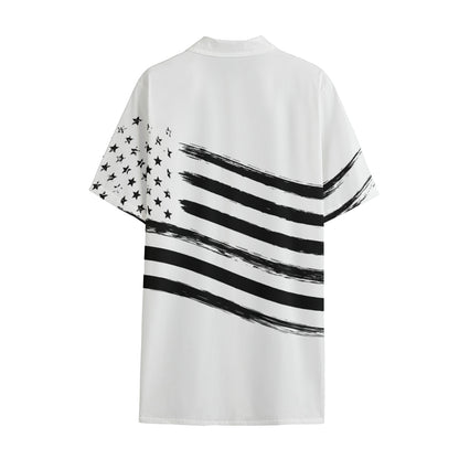 White And Black American Flag Print Cotton Hawaiian Shirt