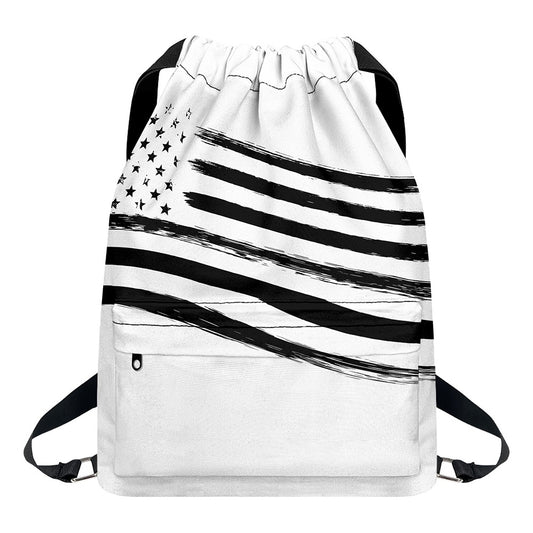 White And Black American Flag Print Drawstring Backpack