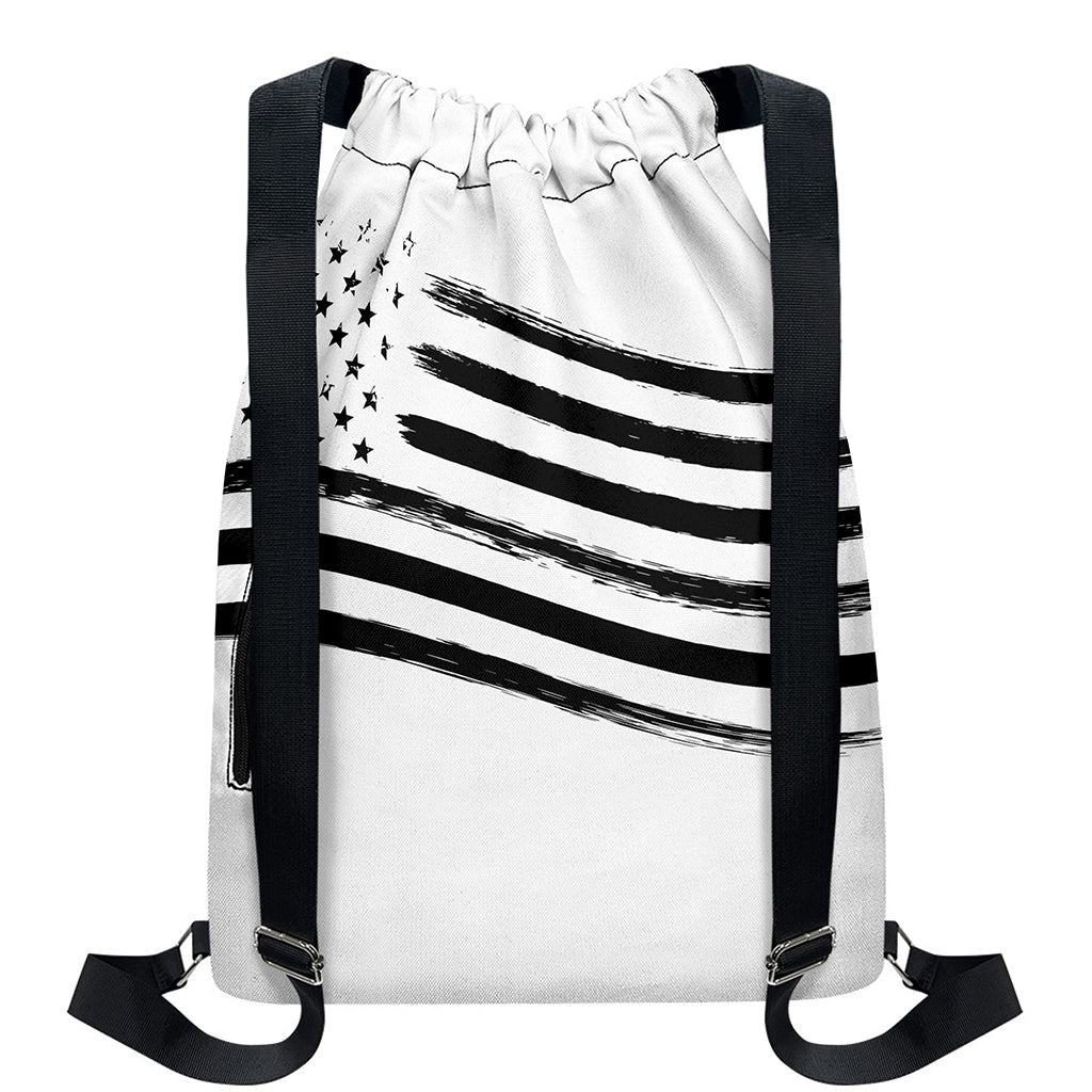 White And Black American Flag Print Drawstring Backpack