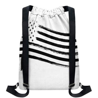 White And Black American Flag Print Drawstring Backpack