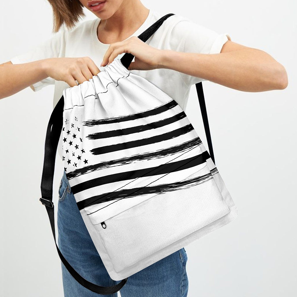 White And Black American Flag Print Drawstring Backpack