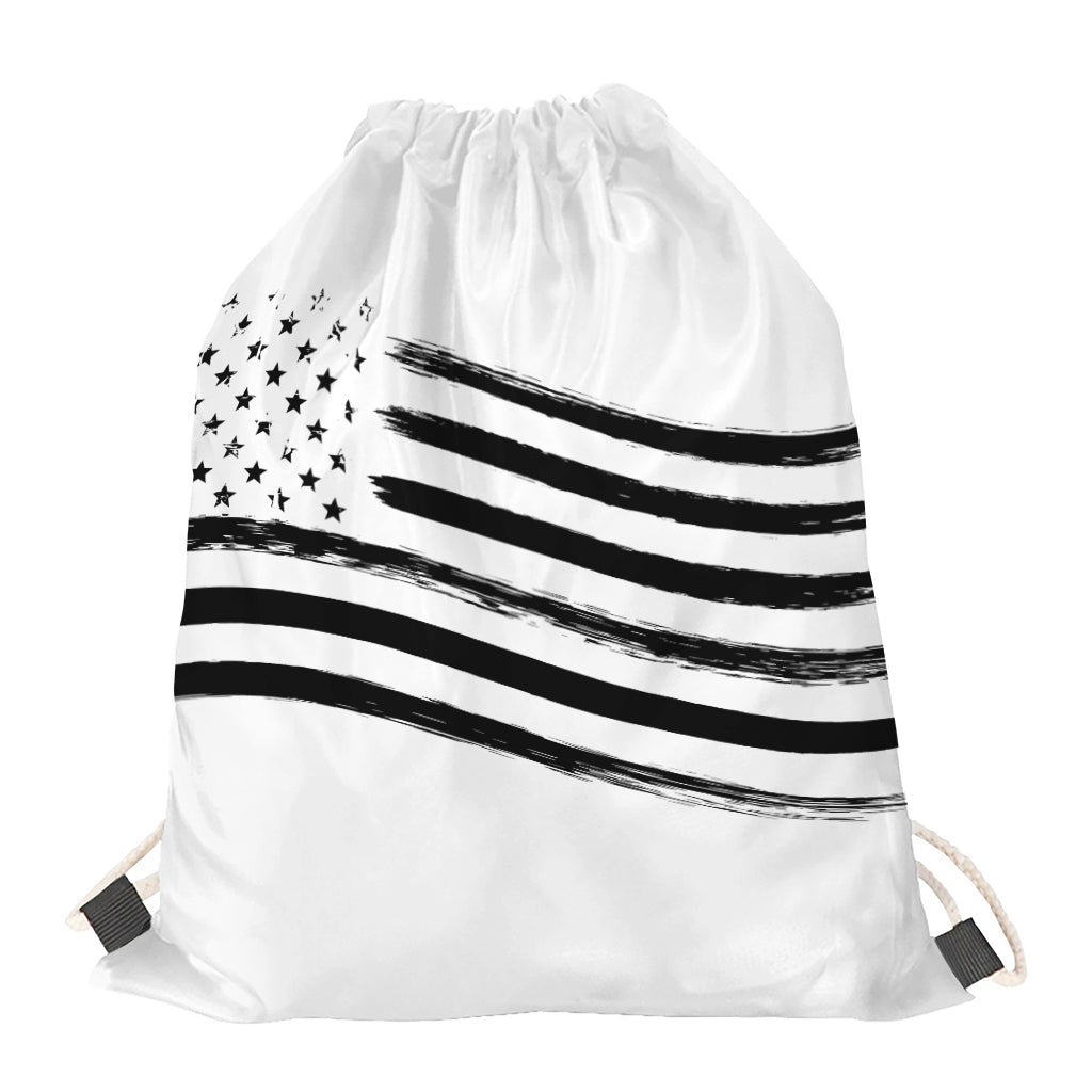 White And Black American Flag Print Drawstring Bag