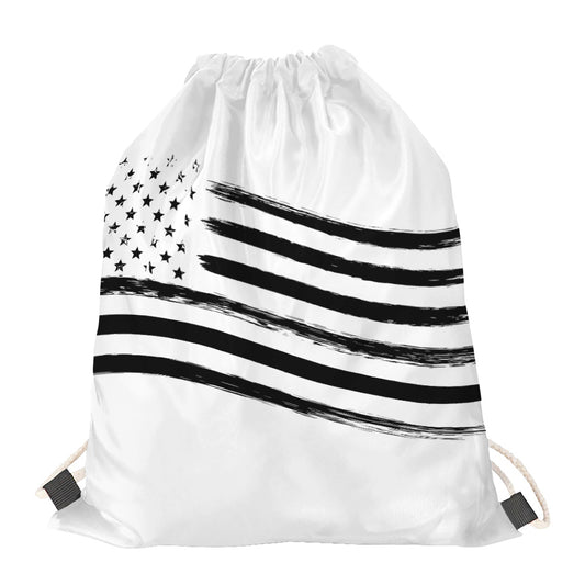 White And Black American Flag Print Drawstring Bag