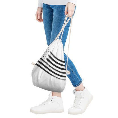 White And Black American Flag Print Drawstring Bag
