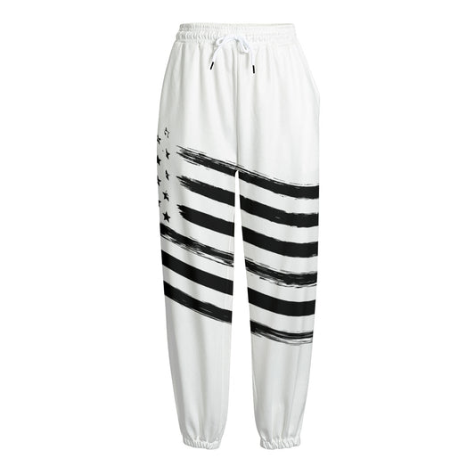 White And Black American Flag Print Fleece Lined Knit Pants