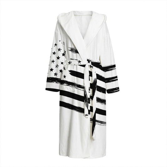 White And Black American Flag Print Hooded Bathrobe