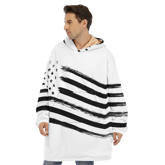 White And Black American Flag Print Hoodie Blanket