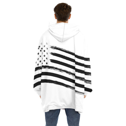 White And Black American Flag Print Hoodie Blanket