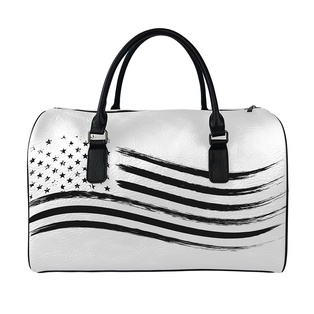 White And Black American Flag Print Leather Duffle Bag