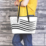 White And Black American Flag Print Leather Tote Bag